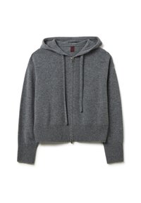Felpa grigia con zip realizzata in morbido tessuto a maglia. Presenta un cappuccio regolabile con coulisse e polsini a costine, con una vestibilità cropped e chiusura a zip frontale.