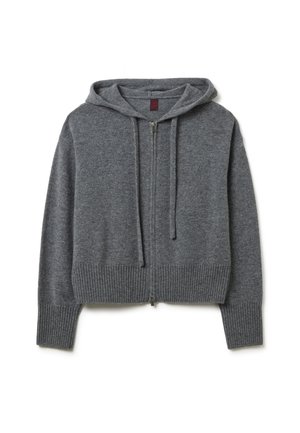 Grauer Zip-Hoodie aus weichem Strickmaterial. Hat eine verstellbare Kapuze und gerippte Bündchen, mit einer cropped Passform und einem Reißverschluss vorne.