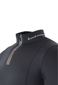 Schwarzes Langarmshirt mit Viertelreißverschluss, grauem Kragen und Akzenten, gefertigt aus dehnbarem, figurbetontem Material. Logo am Kragen angebracht.