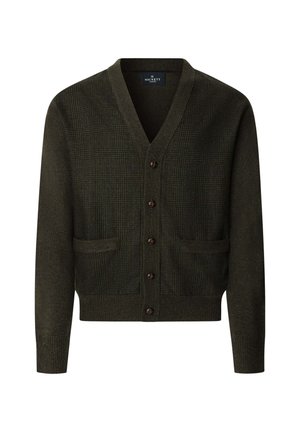 Cardigan bottonato verde scuro con scollatura a V, due tasche frontali e motivo a scacchi discreto sul pannello anteriore.