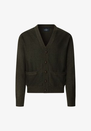 Donkergroene gebuttonde cardigan met V-hals, twee voorzakken en een subtiel geruit patroon op het voorpaneel.