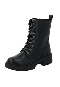 Botte de cheville en cuir synthétique noir avec des lacets gris métalliques, bout rond, semelle épaisse et détail de logo sur le côté. Comprend une fermeture éclair et une languette d'enfilage.