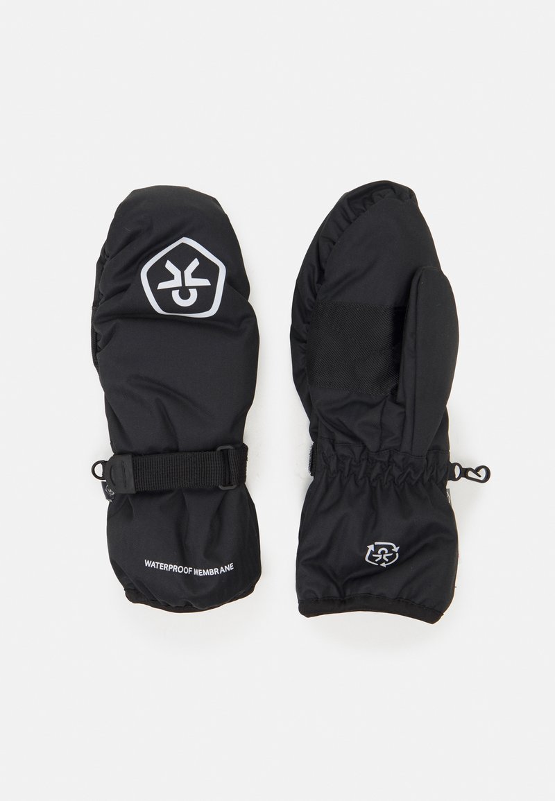Black waterproof mittens with elastic cuffs, logo details, and adjustable straps for a secure fit. Smooth exterior and insulated lining.