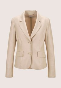 Beige op maat gemaakte blazer van gladde stof met twee knopen, gekraagde revers en twee voorkruimelzakken. Gestructureerde pasvorm en lange mouwen.