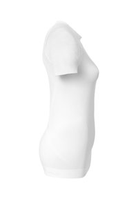 Hvid kortærmet T-shirt lavet af glat stof. Tætsiddende design med rund halsudskæring, der har en subtil tekstur og syninger.