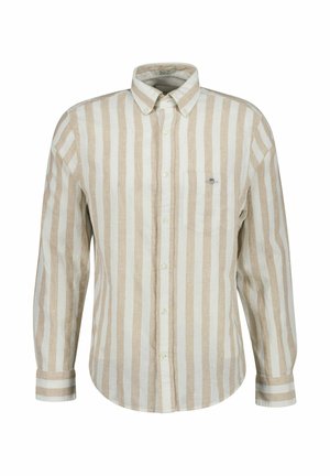 Beige met witte gestreepte linnen shirt met lange mouwen. Voorzien van een button-down kraag en een borstzak. Standaard pasvorm.