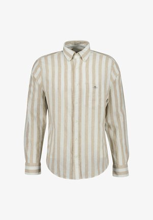 Beige met witte gestreepte linnen shirt met lange mouwen. Voorzien van een button-down kraag en een borstzak. Standaard pasvorm.