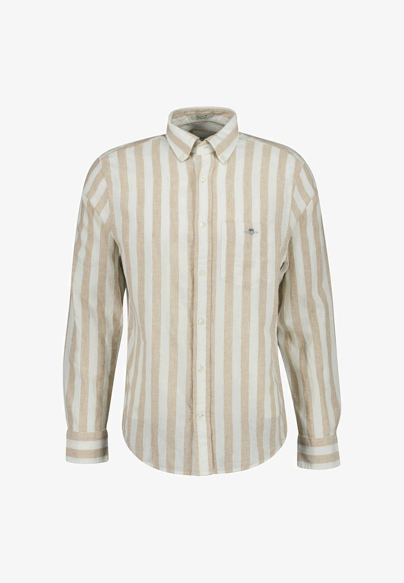 Camicia a righe beige e bianche a maniche lunghe in lino. Presenta un colletto con bottoni e una tasca sul petto. Vestibilità standard.