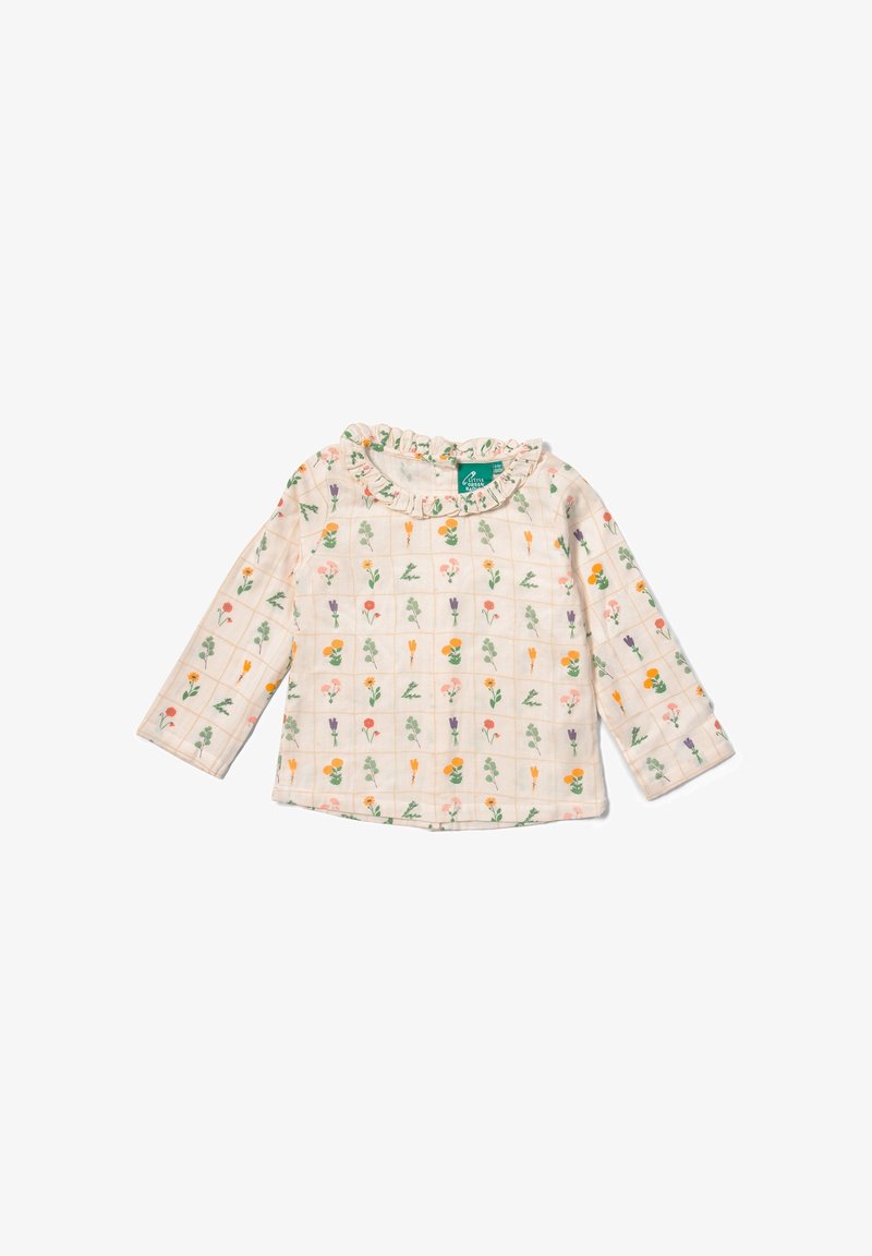 Langärmliges Blumenoberteil aus leichtem Pastellstoff, mit einem gerafften Ausschnitt, Karomuster und verschiedenen bunten Blumendesigns.