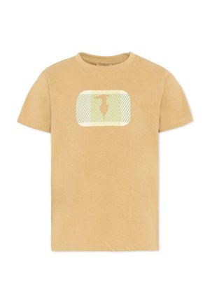 T-shirt beige a maniche corte con scollo rotondo e grafica rettangolare centrata con strisce sovrapposte e silhouette.