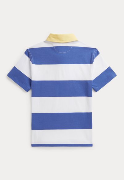 Μπλουζάκι πόλο με ρίγες σε μπλε και λευκό, με κίτρινο γιακά. Κοντά μανίκια και ευθεία ρύθμιση στο τελείωμα. Κατασκευασμένο από βαμβακερό ύφασμα με λεία υφή.