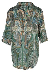 Chemise ample à imprimés floraux et abstraits multicolores. Comprend un col, des manches courtes retroussées, et un ourlet légèrement arrondi.