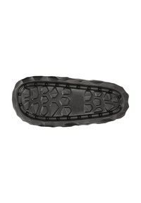 Zwarte rubberen schoenzool met een gestructureerd oppervlak, voorzien van hexagonale en diamanten patronen voor grip en duurzaamheid. Afgeronde randen.