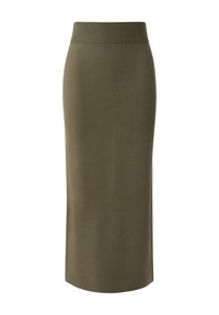 Oliwkowo-zielona, prążkowana dzianinowa spódnica midi. Posiada wysoki pas i gładką teksturę, zaprojektowana dla dopasowanego sylwetki.