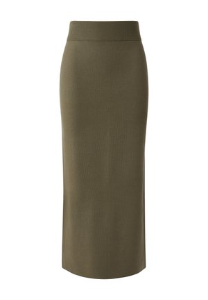 Oliwkowo-zielona, prążkowana dzianinowa spódnica midi. Posiada wysoki pas i gładką teksturę, zaprojektowana dla dopasowanego sylwetki.