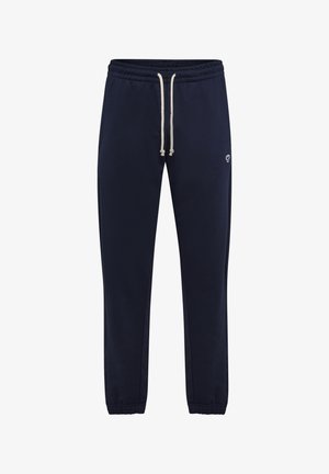 Marineblaue Jogginghose mit elastischem Bund und Bündchen am Knöchel, weißem Kordelzug, seitlichen Taschen und kleinem Logo am linken Oberschenkel.