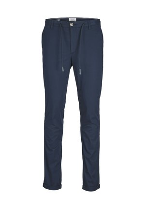 Pantaloni blu navy realizzati in un materiale leggero. Presentano una vita con cordoncino, chiusura con bottone e risvolti per un aspetto sartoriale.