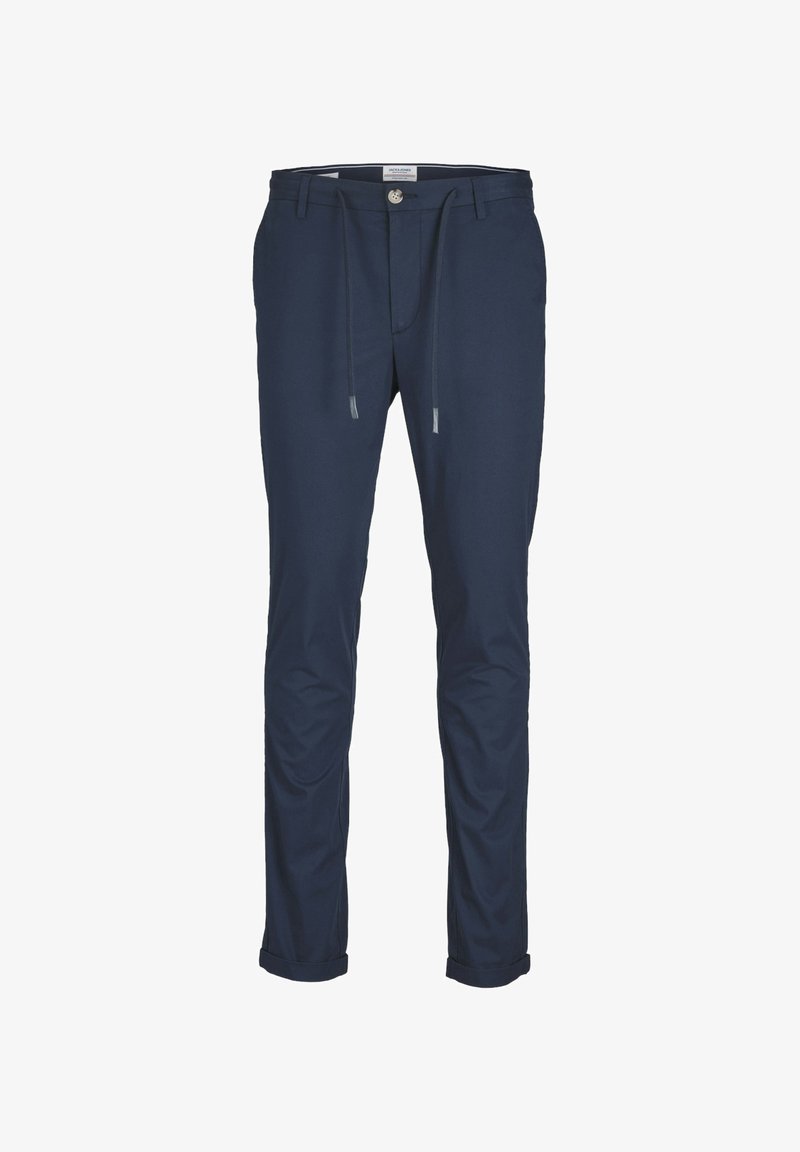 Pantaloni blu navy realizzati in un materiale leggero. Presentano una vita con cordoncino, chiusura con bottone e risvolti per un aspetto sartoriale.