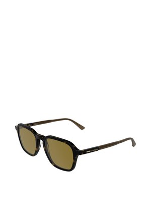Rechteckige Schildpatt-Sonnenbrille mit braunen Gläsern und dünnen braunen Bügeln, Calvin Klein-Branding an den Seiten.