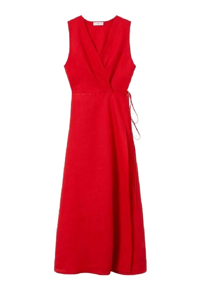 mango red linen dress 100% linen dress with stitching detail - Women