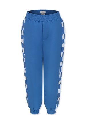 Blauwe sportbroek met een elastische tailleband, voorzien van contrasterende witte geblokte zijstrepen. Zachte, gladde stof.