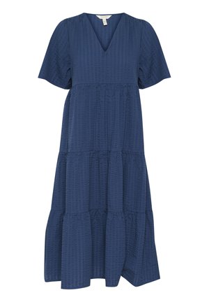 Navy blue dress with a V-neck, short puff sleeves, tiered design, and textured fabric featuring a subtle pattern. Flared hemline.
