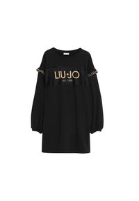 Svart sweatshirtklänning med lång puffärm, med en guldig och vit logotyp "LIU·JO est. 1995" och dekorativ spetsbanddetalj.