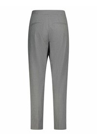 Pantalon à carreaux gris avec une coupe slim, présentant une texture lisse et deux poches arrière. L'ourlet court met en valeur une coupe ajustée.