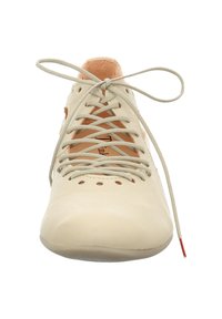 Lace-up shoe in light beige leather with a rounded toe, orange leather accents inside, and matching laces. Features perforated detailing along the sides.