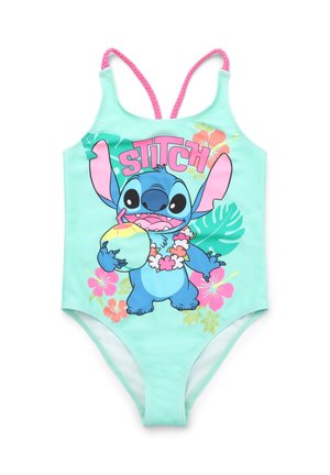 Costume intero verde menta con spalline rosa, decorato con un personaggio dei cartoni che tiene una noce di cocco e dettagli floreali in rosa e verde.