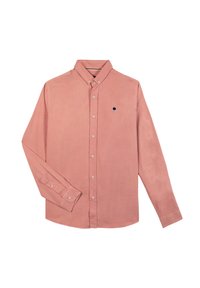 Lichtroze langemouwen overhemd met knopen en een kraag, met een klein marineblauw boomembleem. Gemaakt van gladde stof met een klassieke snit.