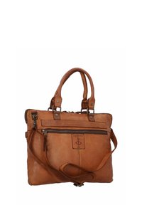 Braune Lederhandtasche mit zwei kurzen Griffen und einem abnehmbaren Schultergurt. Sie verfügt über eine vordere Reißverschluss-Tasche und ein geprägtes Logo.