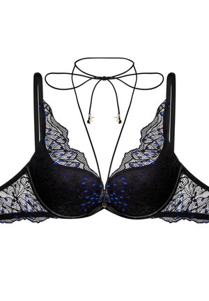 Black lace bra with blue accents, featuring a deep V front, decorative collar, and adjustable straps for support. Gold-tone hardware included.