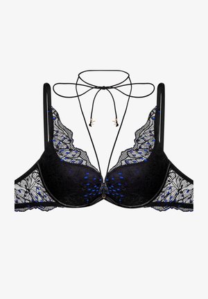 Black lace bra with blue accents, featuring a deep V front, decorative collar, and adjustable straps for support. Gold-tone hardware included.