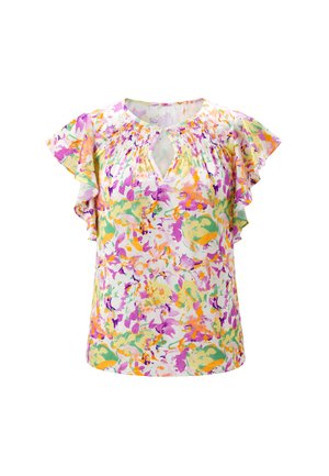 Kortemouwenblouse met meerkleurig bloemenpatroon, geplooide halslijn en keyhole-detail, met ruches aan de mouwen.