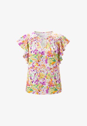 Bluza cu mânecă scurtă cu model floral multicolor, guler rulou și decupaj tip cheie, cu mâneci cu volane.