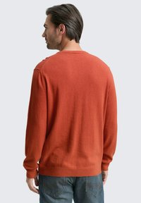 Mann mit braunen Haaren, der einen verbrannten orangefarbenen Pullover und blaue Jeans trägt, von hinten vor einem schlichten hellen Hintergrund gesehen.