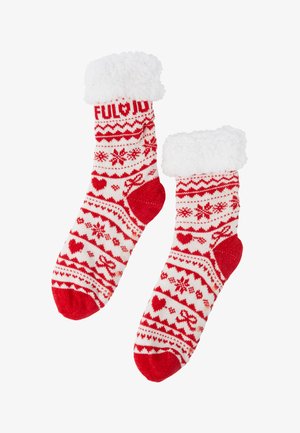 Red and white knitted socks with a fluffy white cuff. Features holiday patterns including hearts and snowflakes, with reinforced heel and toe.