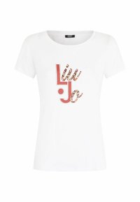 Balta trumpa rankovėmis marškinėliai su rožiniu ir leopardų rašto "Liu Jo" logotipu priekyje. Apvalus iškirpimas ir švelni medvilnės medžiaga.