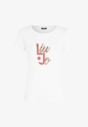 T-shirt blanc à manches courtes avec un logo "Liu Jo" en imprimé rose et léopard sur le devant. Encolure ronde et tissu en coton doux.