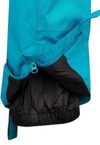 Turquoise outerwear with a black interior, featuring a zippered opening, elastic cuffs, and textured fabric for enhanced grip.