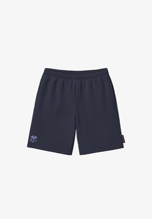 Pantalones cortos deportivos azul marino con cintura elástica, bolsillos laterales y un pequeño logo bordado "NY" en la parte baja de la pierna izquierda.