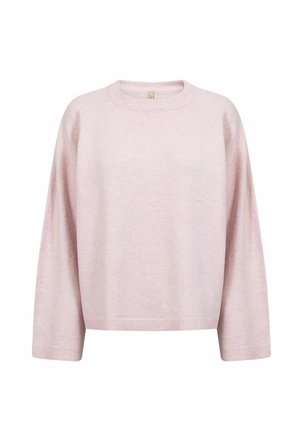 Pull en maille rose clair à manches longues, col rond avec poignets et ourlet côtelés.