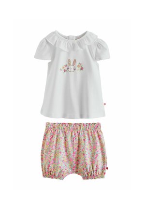 T-shirt bébé blanc à manches courtes avec broderie de lapin et fleurs, assorti à un bloomer rose à motifs floraux et taille élastique.