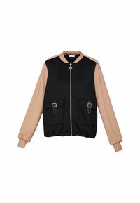 Giubbotto bomber nero e beige con chiusura a zip, due tasche frontali con dettagli in fibbia e polsini a coste. Tessuto morbido al tatto.