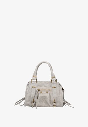 Small gray handbag made of textured material. Features gold hardware, two short handles, a front zipper pocket, and side tassels.