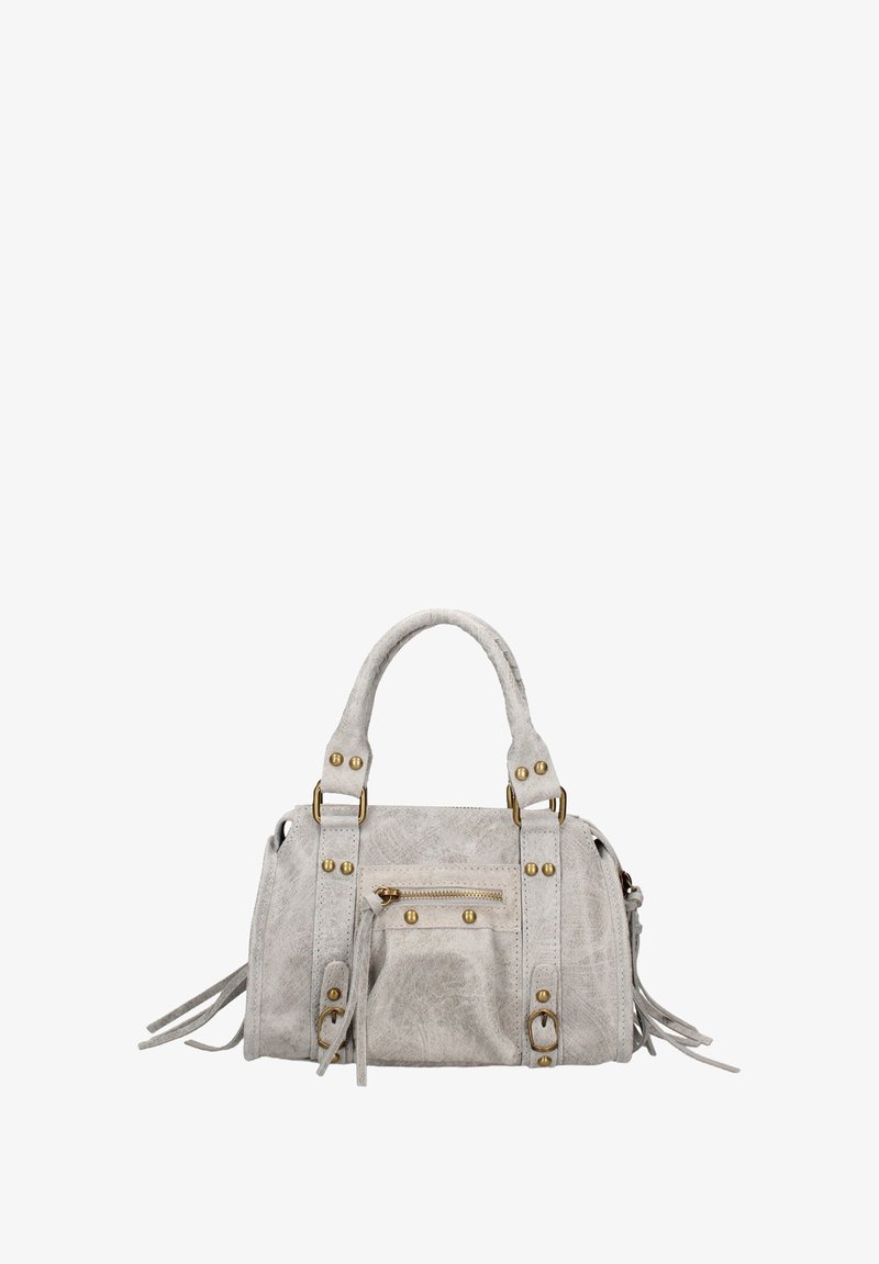 Piccola borsa a tracolla grigia realizzata in materiale testurizzato. Presenta dettagli dorati, due manici corti, una tasca con zip frontale e frange laterali.