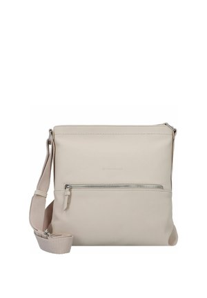 Sac bandoulière beige avec sangle en tissu ajustable, poche zippée à l'avant et partie supérieure lisse.