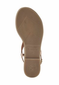 Nude sandály na vysokém podpatku s texturovanou gumovou podrážkou, značky "Tamaris," a nastavovacím řemínkem kolem kotníku pro bezpečné upevnění. Uvedena velikost 37.