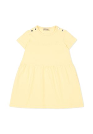 Vestito corto giallo per neonati con maniche corte, scollo rotondo, vita arricciata e quattro bottoni automatici argento sulle spalle.
